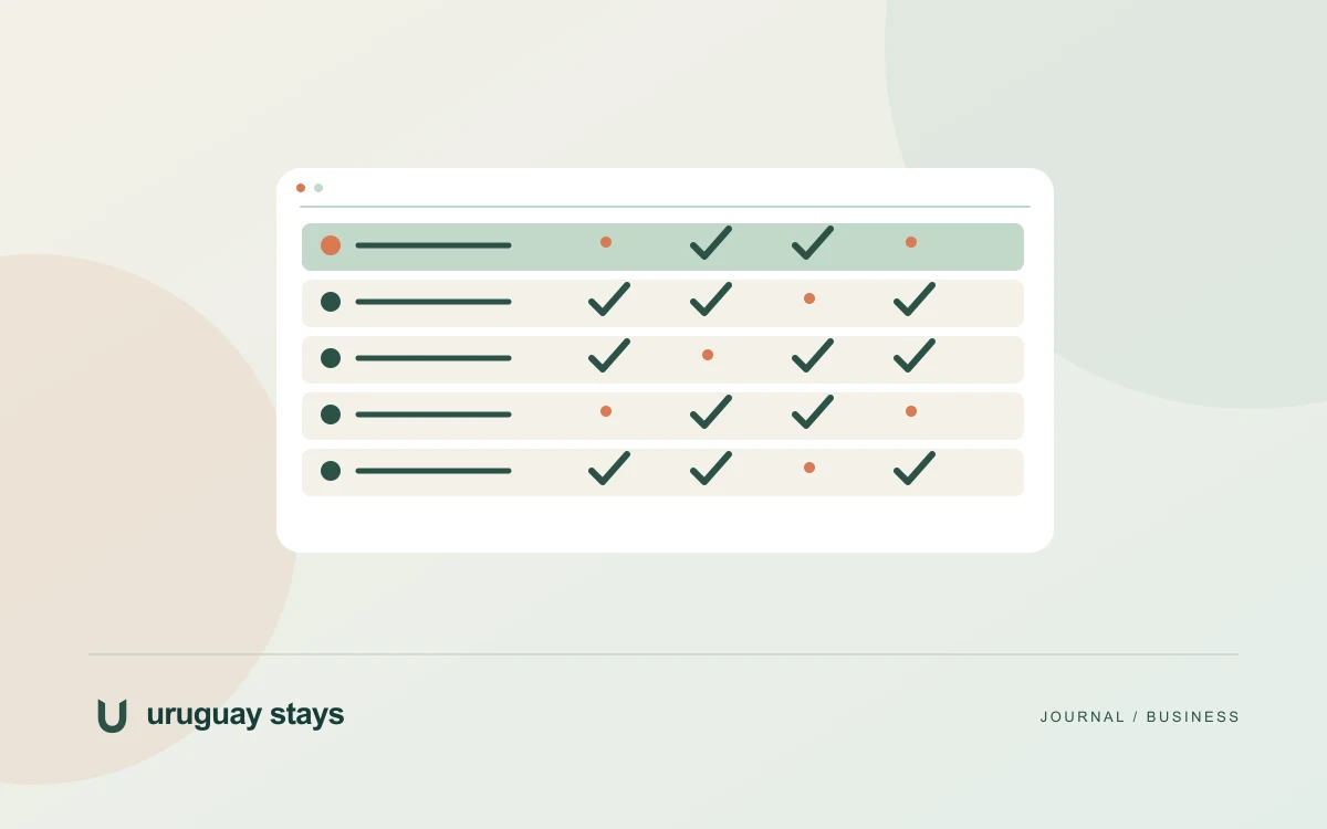 Editorial illustration of a capability matrix for financial marketing agencies, branded Uruguay Stays