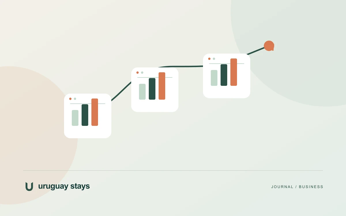 Editorial illustration of an acquisition, activation and monetization system, branded Uruguay Stays